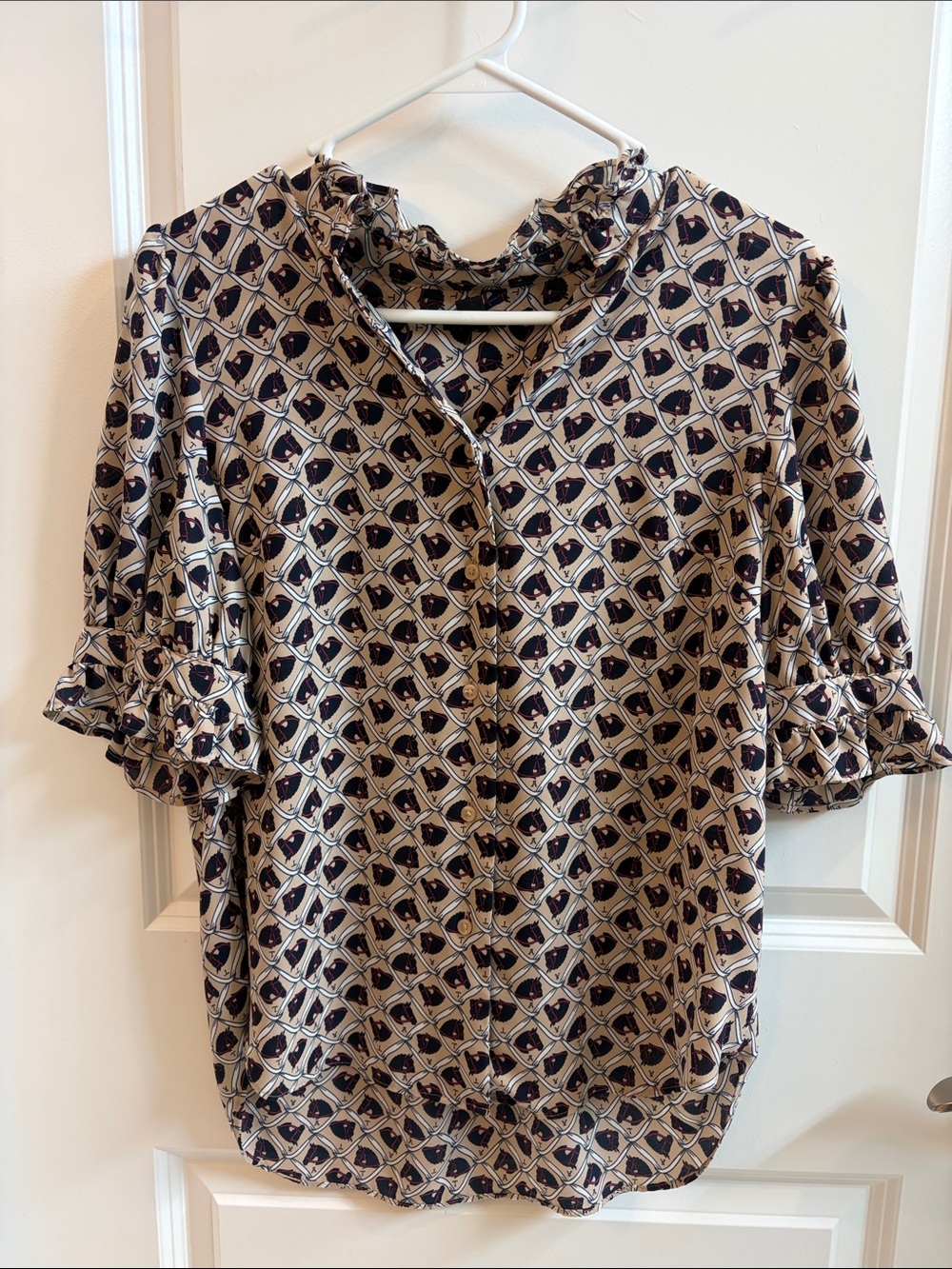 Ann Taylor Button-Front Women's Blouse equestrian pattern